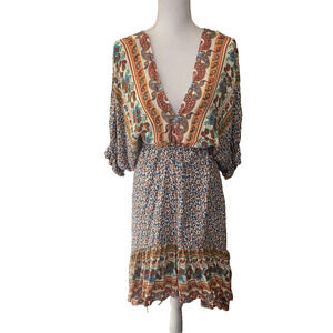 Umgee Midi Dress‎ Sz S Orange Blue Ditsy Floral High Low Hem Ruffle Peasant Boho